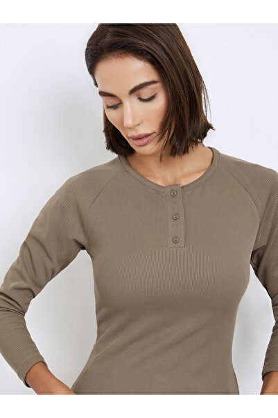 Styli Brown Ribbed Henley Neck T-Shirt