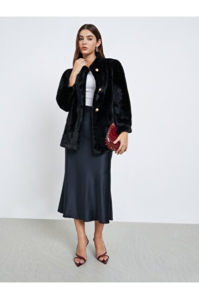 Styli Black Faux Fur Longline Coat