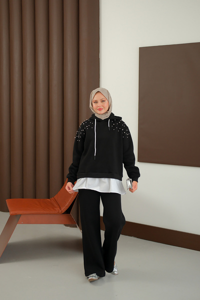 LOCCO Women's Shoulder Beading Detail Two Piece Set Black