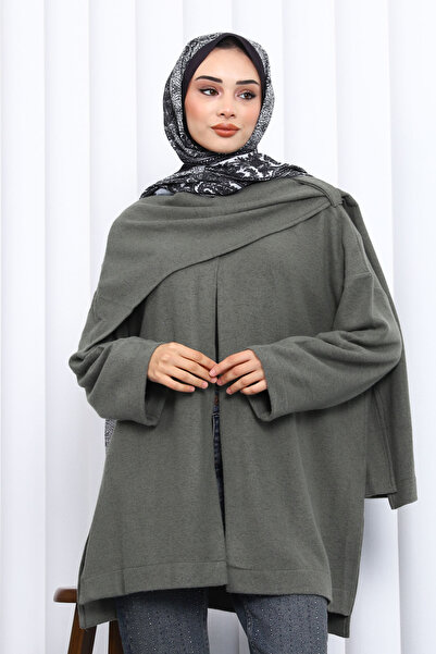 İmajButik Khaki Shawl Detailed Textured Cardigan