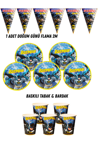 HAPPYLOOPPARTY Batman Betmen 8 Kişilik Tabak , Bardak , Flama Bayrak Doğum Gü...