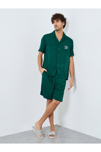 Styli Men Green Pocket Embroidery Detail Shirt and Shorts Set