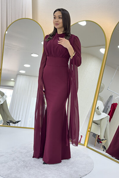 the ZKS Women's Chiffon Cape Sleeve Mock Neck Mermaid Evening Dress Burgundy, Navy Blue, Black, Tan