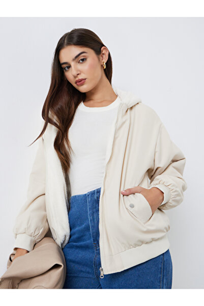 Styli Women Cream Hooded Bomber Jacket