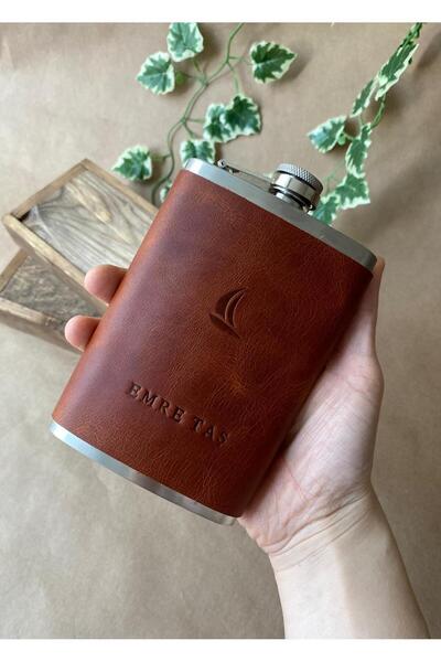 ALESTA LEATHER (We Are Writing Names) Leather Covered Steel Whiskey Cognac Liquor Flask - 9oz 266ml - Hand Stitched Genuine Leather