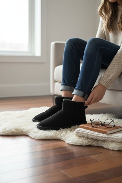 VeliKundura Tofima Black Poly Sole Short Boots with Feathers Inside