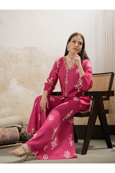 Uptownie By Styli Pink and White Ethnic Rayon Shirt with Palazzos Set