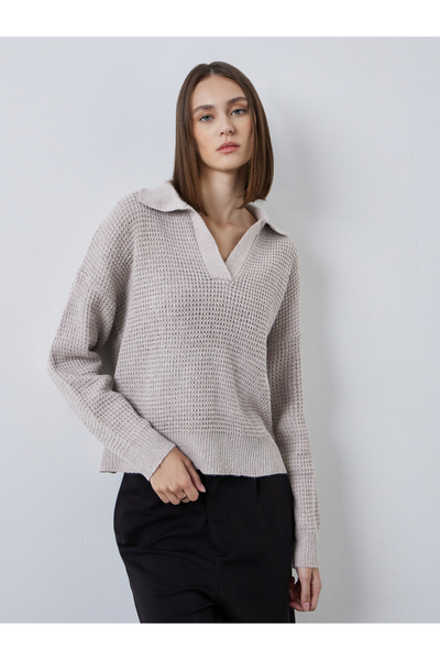 Styli Beige Textured Knit Open Collar Polo T-Shirt