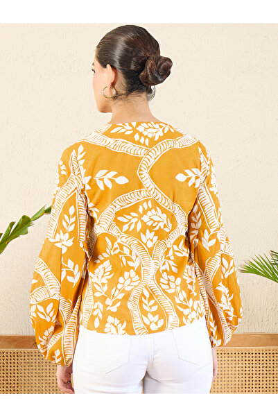 Uptownie By Styli Orange Floral Print Shirt with Balloon Sleeves