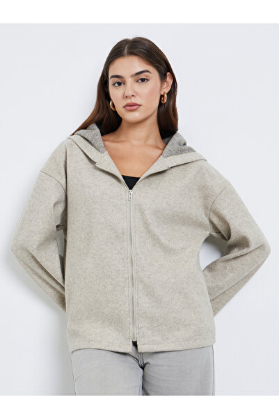 Styli Beige Oversized Wool Like Bomber Jacket