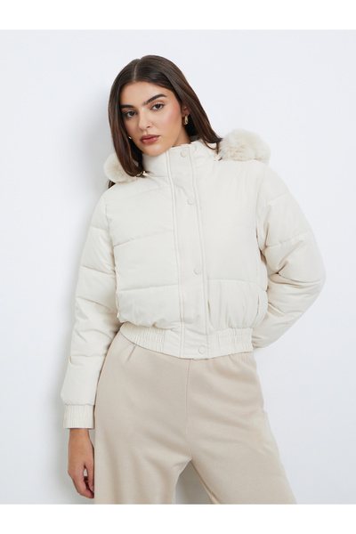 Styli Off White Regular Fit Short Length Hooded Padded Jacket with Faux Fur Detail