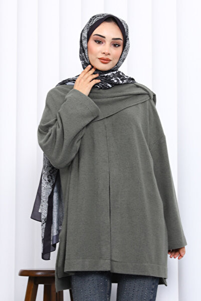 İmajButik Khaki Shawl Detailed Textured Cardigan