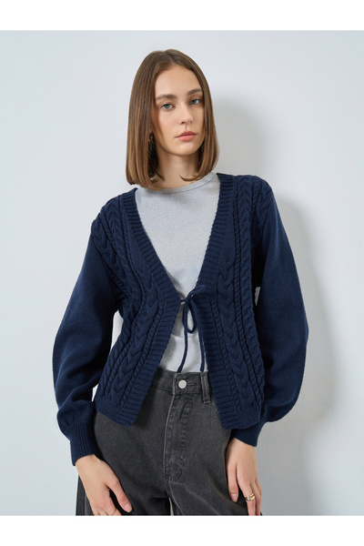 Styli Navy Boxy Fit Cable Knit Tie-Front Cardigan