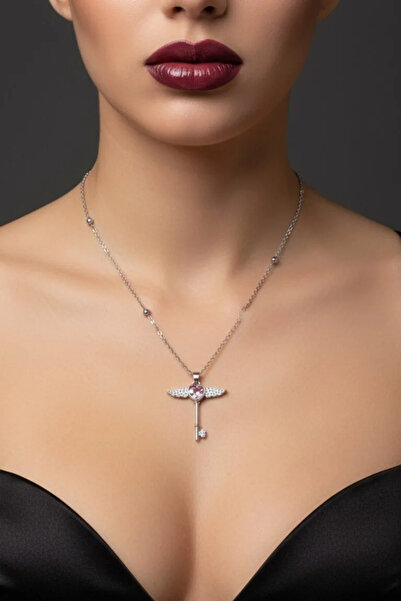 GN ACCESSORY Gümüş Renk Pembe Taş Kanat Anahtar Çelik Zincir Kolye, Günlük+ H...