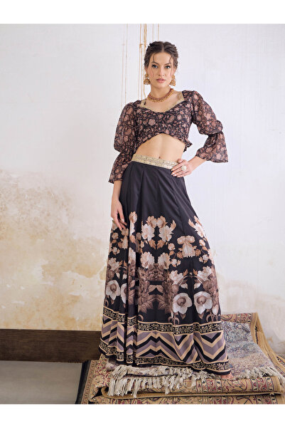 Uptownie By Styli Black Floral Hem Frill Crop Top with Anarkali Skirt Set