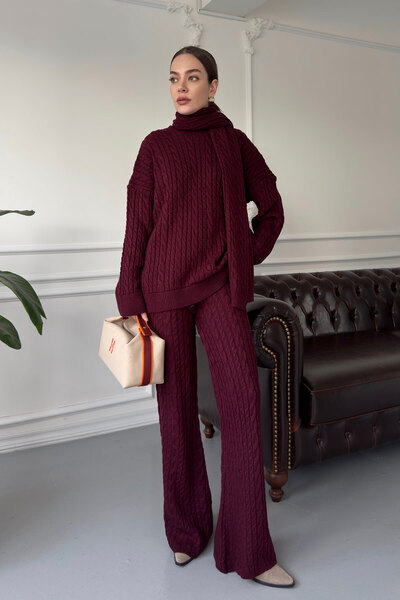 MAGARDE Costum șal împletit cu păr crewneck - MAROON