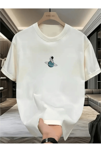 Flow touch تي شيرت رائد فضاء يجلس على الكوكب مطبوع