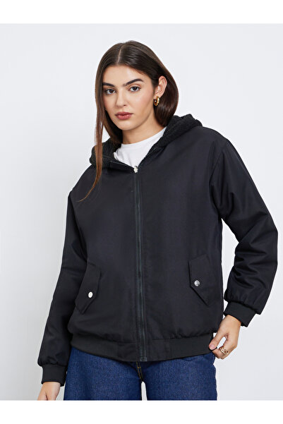 Styli Women Black Hooded Bomber Jacket