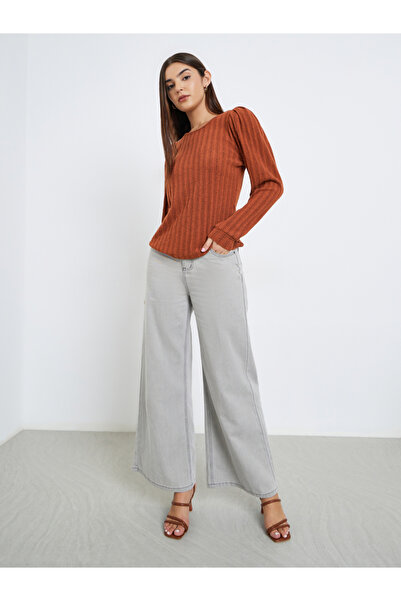 Take Two By Styli Women Rust Ribbed Top with Puff Sleeves