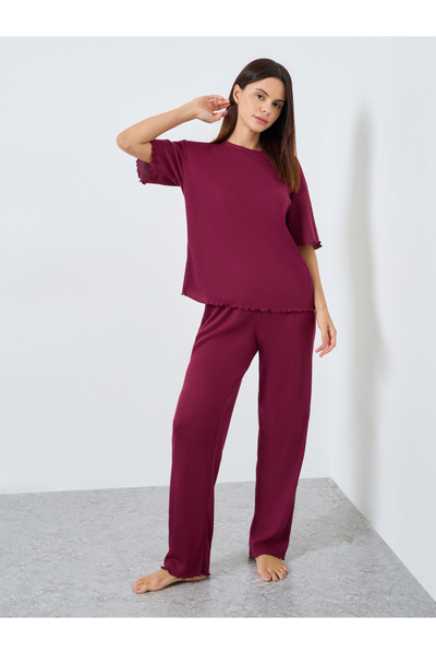 Styli Waffle Knit Lettuce Hem Drop Shoulder T-Shirt and Pyjama Set