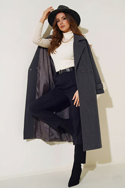 Kirazgym Women's Adel Double-Breasted Collar Long Cashmere Coat