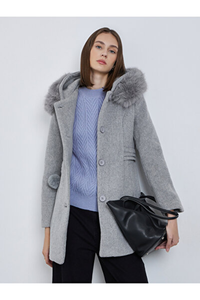 Styli Grey Longline Wool Like Coat with Faux Fur Hood