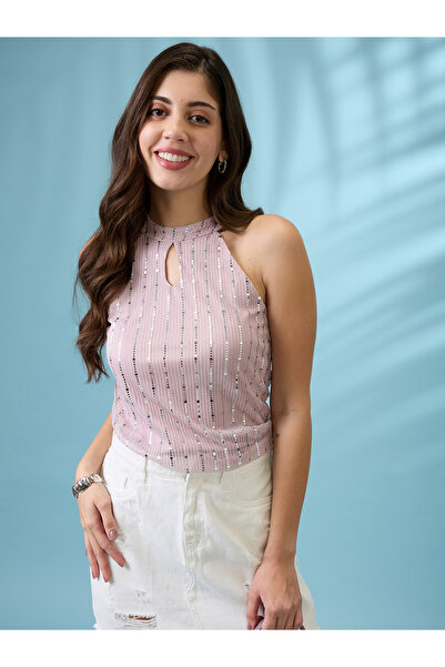 Globus By Styli Women Pink Keyhole Neck Sequined Top