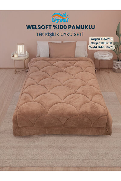 UYSAL WELSOFT AKFİL MİDYE DESEN TEK KİŞİLİK UYKU SETİ KAHVERENGİ 155x215