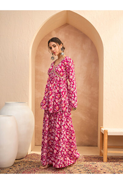 Sassafras By Styli Red Floral Cambric Peplum Top with Sharara Pants Co-Ords