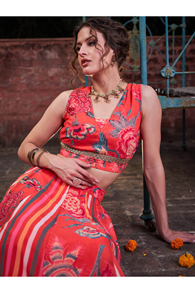 Uptownie By Styli Red Floral Sleeveless Crop Top with Anarkali Skirt Set