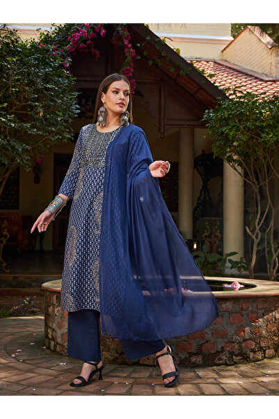 Sassafras By Styli Navy Blue Floral Kurta with Pencil Pants and Dupatta Set