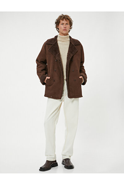 Koton Slim Fit Coat Suede Look Plush Inside Buttoned