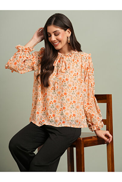 Globus By Styli Women Orange Floral Print Tie-Up Neck Top