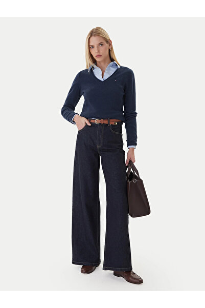 Tommy Hilfiger Women's Regular Fit Pure Wool V-Neck Long Sleeve Blue Sweater Ww0Ww43505-C1G