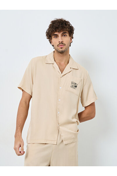 Styli Men Beige Pocket Embroidery Detail Shirt with Contrast Piping and Shorts Set