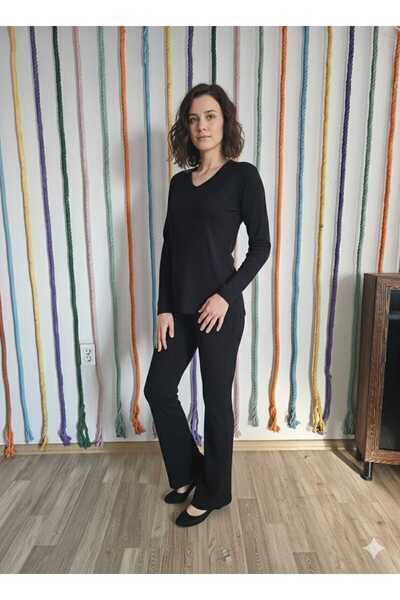 HOFY 1246 Large Size V-Neck Ribbed Knit Fabric Blouse