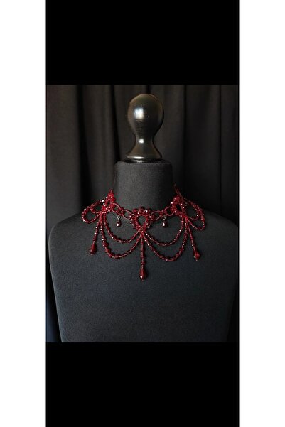 SHİNELİZE Kırmızı gotik temalı rönesans kolye, özel tasarım kristal kolye