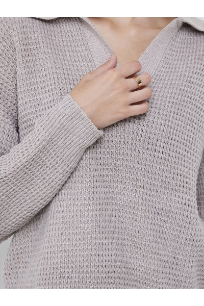 Styli Beige Textured Knit Open Collar Polo T-Shirt