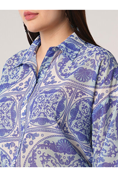 Globus By Styli Women Blue Ethnic Print Spread Collar Oversized Shirt