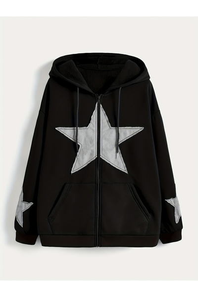 Take Two By Styli Black Star Patch Zip-Up Hooded Jacket