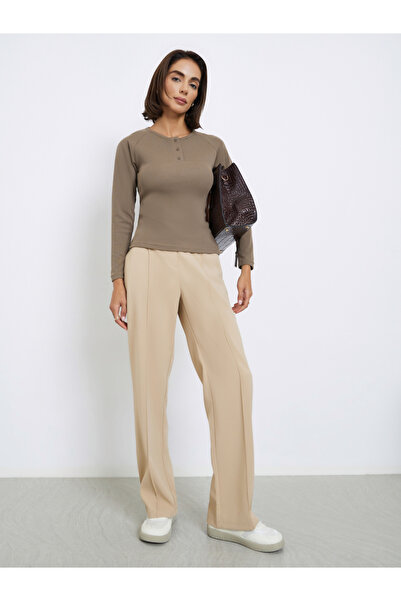 Styli Brown Ribbed Henley Neck T-Shirt