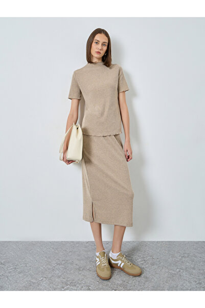 Styli Beige Ribbed Knit Top and Skirt Co-ords