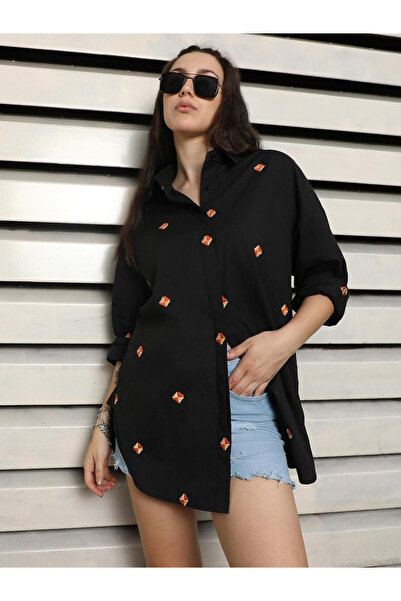 High Star By Styli Black Oversized Embroidered Casual Shirt