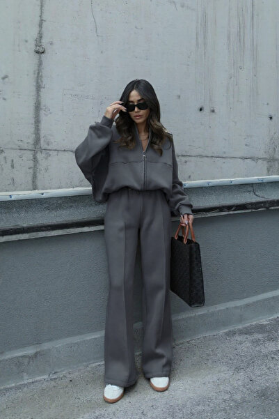 YAKAMEL KADIN 3 İPLİK ÇIMALI BOMBER CEKET EŞOFMAN TAKIMI