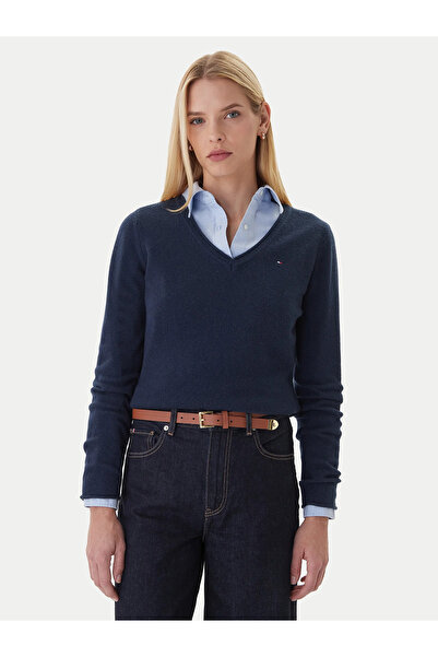 Tommy Hilfiger Women's Regular Fit Pure Wool V-Neck Long Sleeve Blue Sweater Ww0Ww43505-C1G