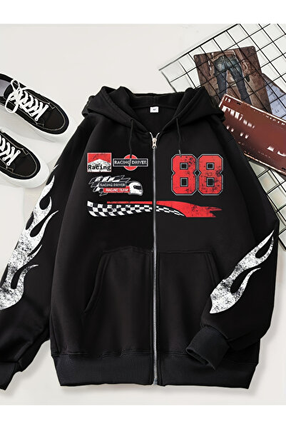 Take Two By Styli Black Racing Graphic Hooded Jacket
