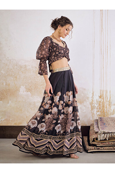 Uptownie By Styli Black Floral Hem Frill Crop Top with Anarkali Skirt Set