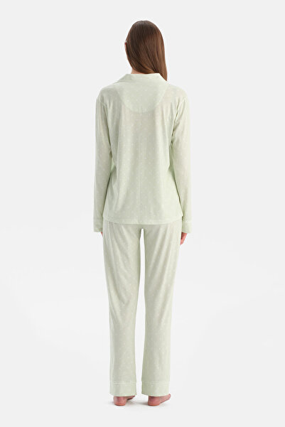 Dagi Light Green Heart Patterned Shirt Pants Set