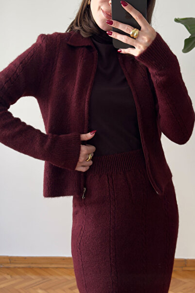 MAGARDE Zippered Skirt Knitwear Set - Burgundy