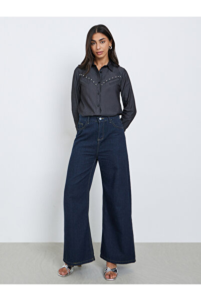 Styli Black Studded Detail Long Sleeve Denim Shirt